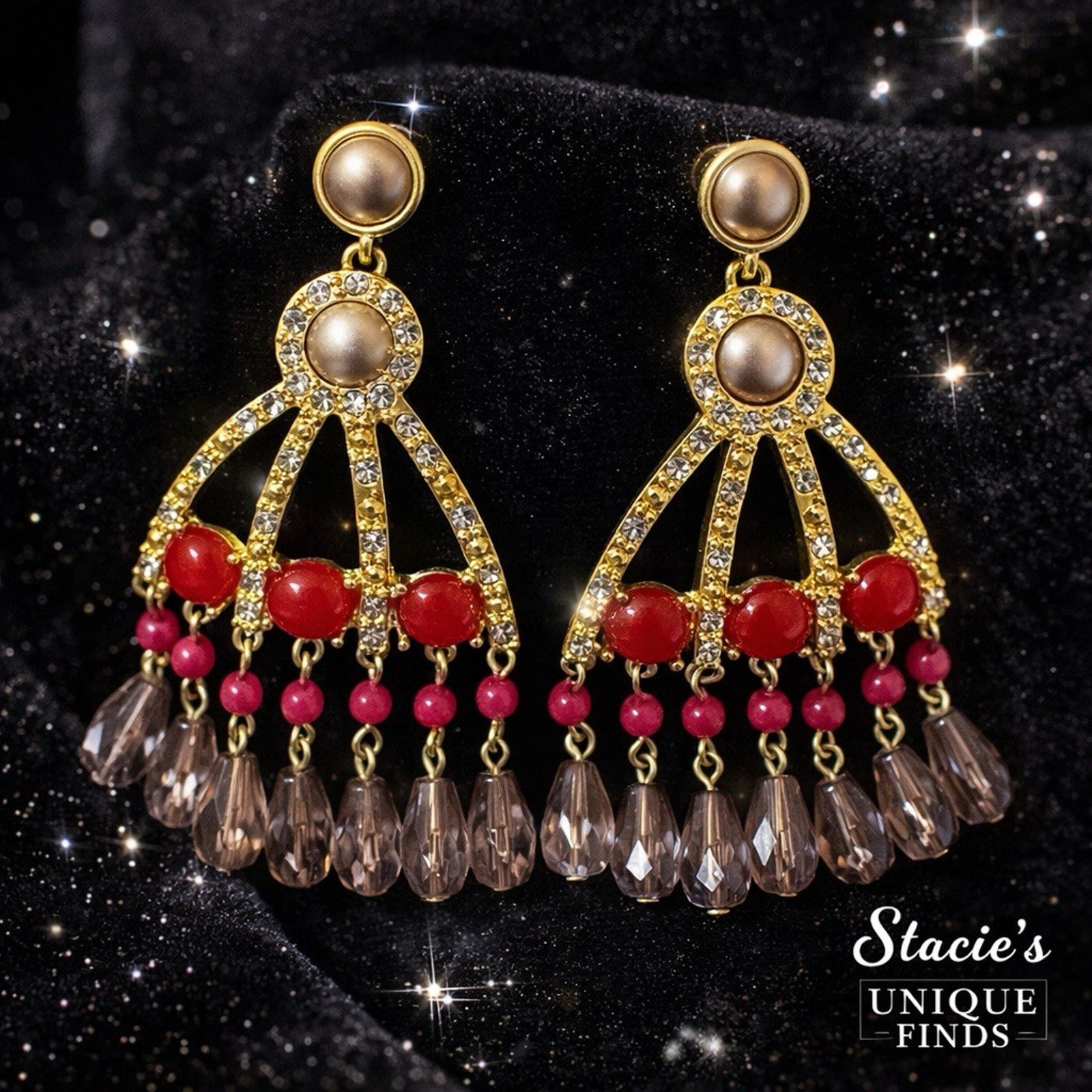 Gold Tone Rhinestone Chandelier Earrings Red Beads Dangle Statement Boho 24$